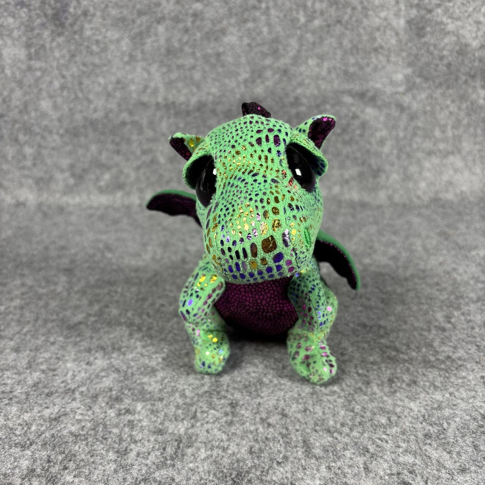 Ty Beanie Boos Cinder Green Dragon Plush 6 inch Small Metallic Gold Spots Toy